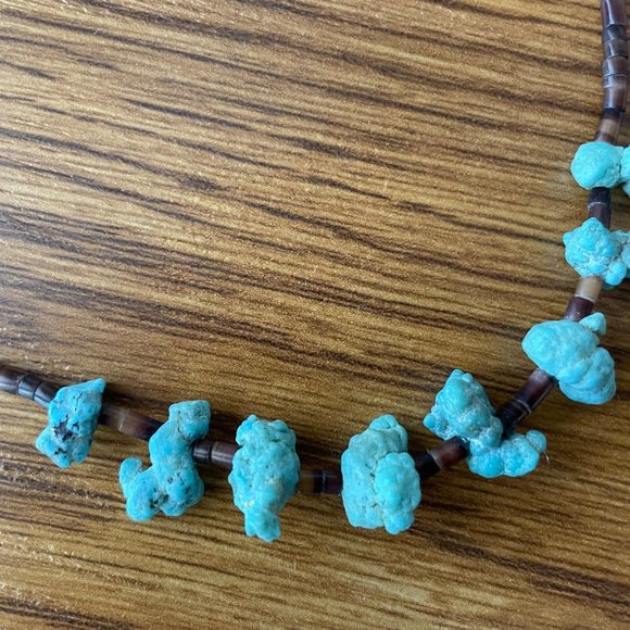 Vintage Navajo Handmade Turquoise Chunk & Brown Heishi Shell Beads necklace - Picture 4 of 12